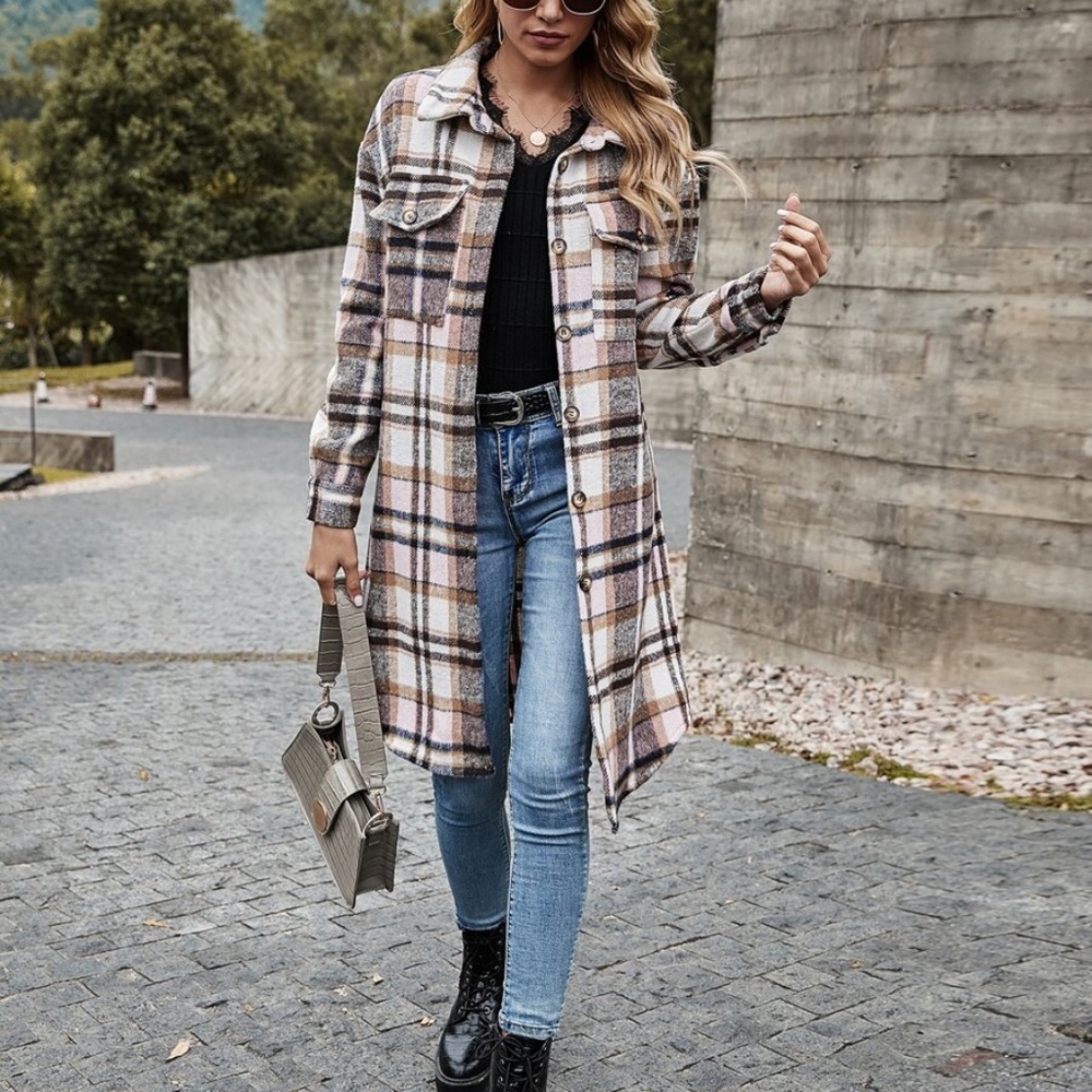 Comfy pink Plaid Button up Oversized Jacket Shacket - Picture 12 of 13